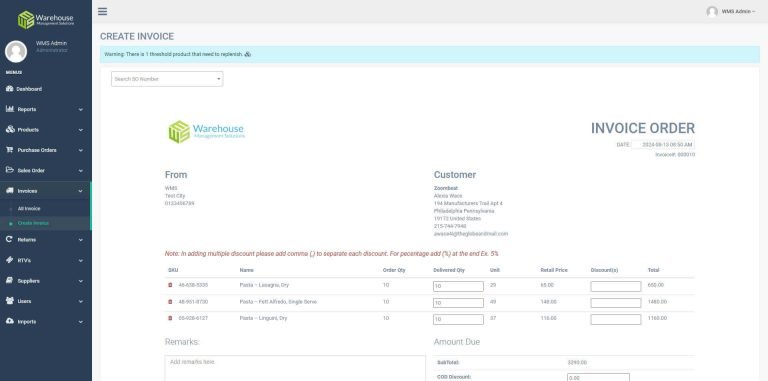 WMS Create Invoice